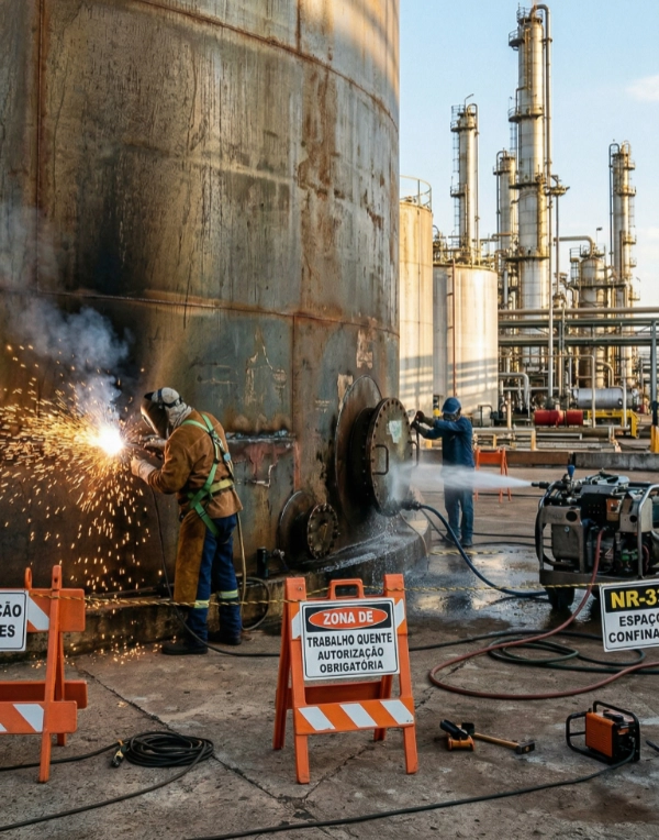 Técnico realizando manutenção e soldagem em tanque industrial de grande porte