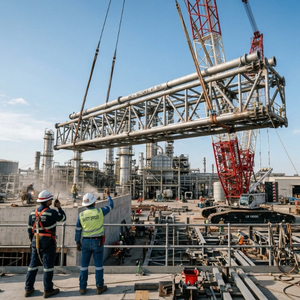 Equipe realizando montagem industrial de estruturas e tubulações